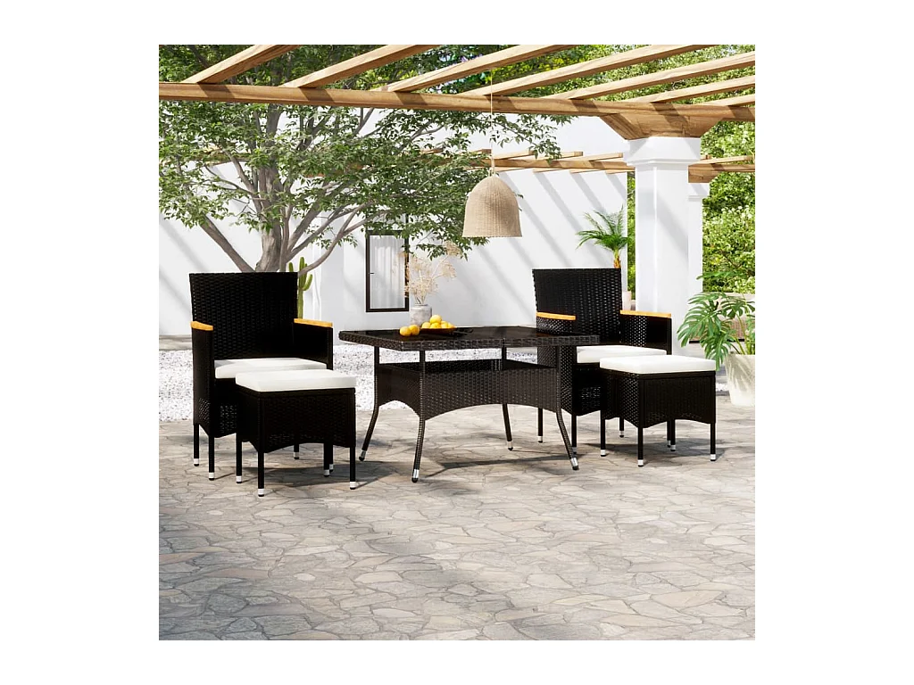 Roan  Set comedor jardín 5 pzas ratán sintético vidrio templado negro