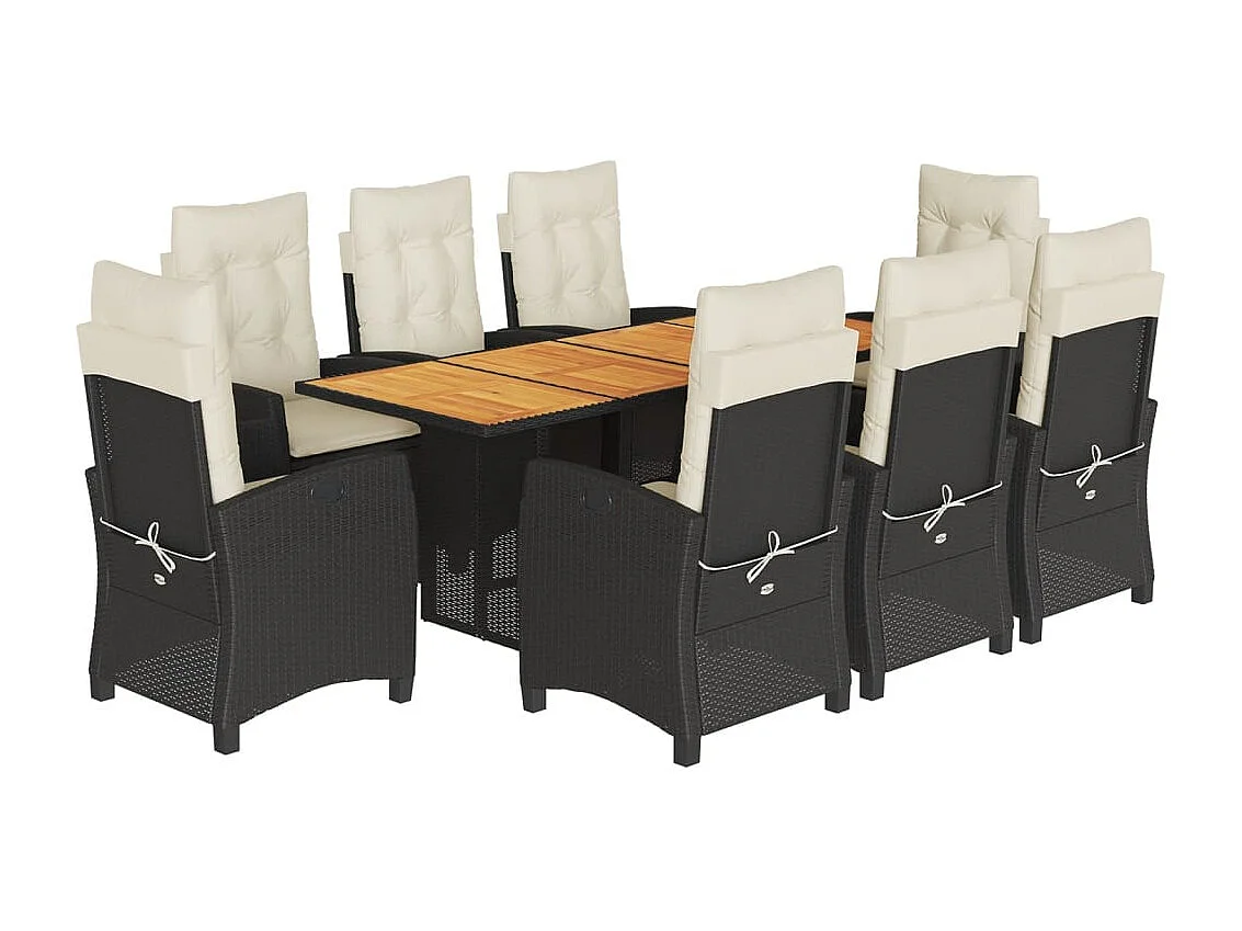 Frances  Set de comedor de jardín 9 pzas y cojines ratán sintético negro