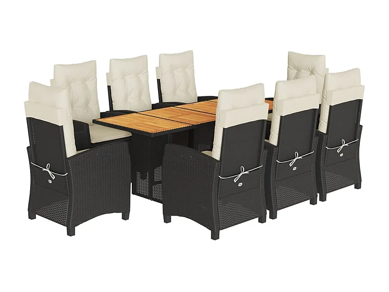 Frances  Set de comedor de jardín 9 pzas y cojines ratán sintético negro