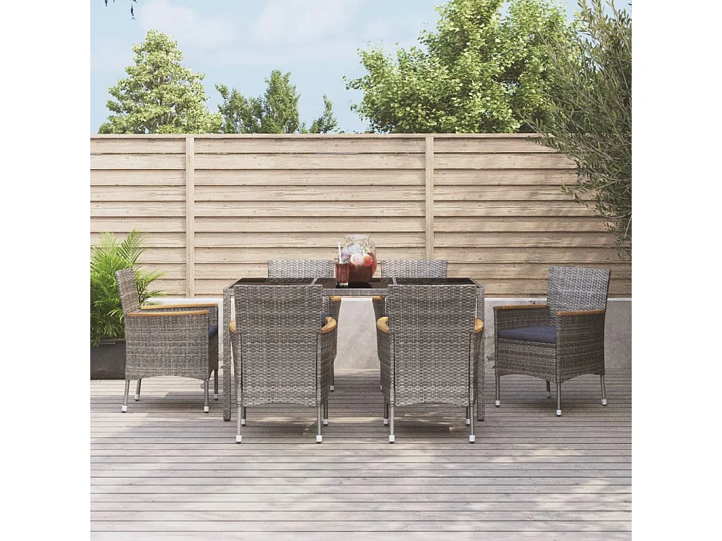 Garden Furniture -  Ensemble à manger jardin et coussins 7 pcs gris rotin