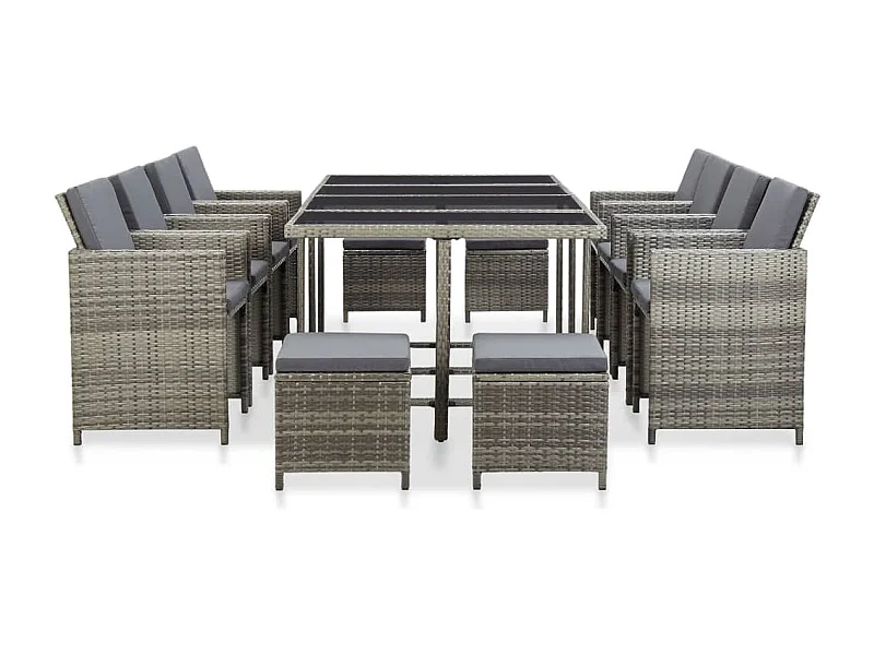 Chenoa  Ensemble à manger d'extérieur 13pcs et coussins poly rotin Gris