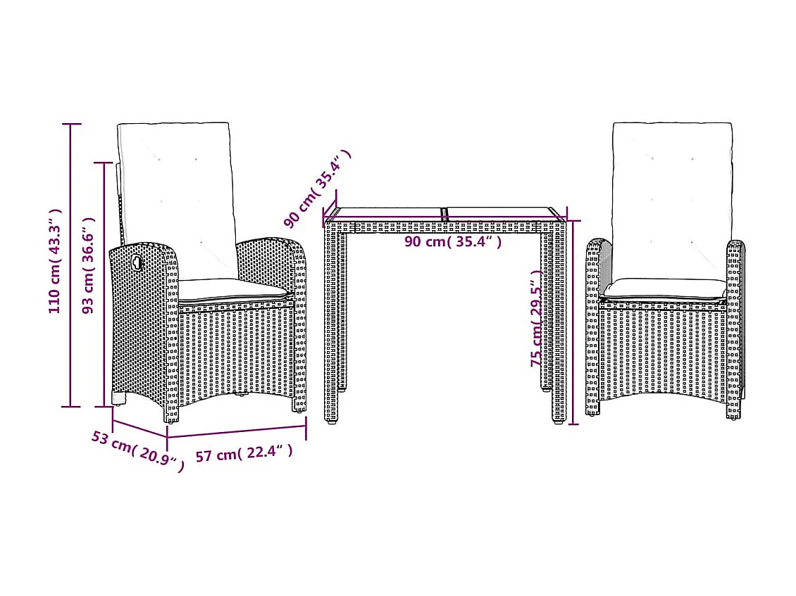 Prolenta Premium -  3-delige Tuinset met kussens poly rattan zwart