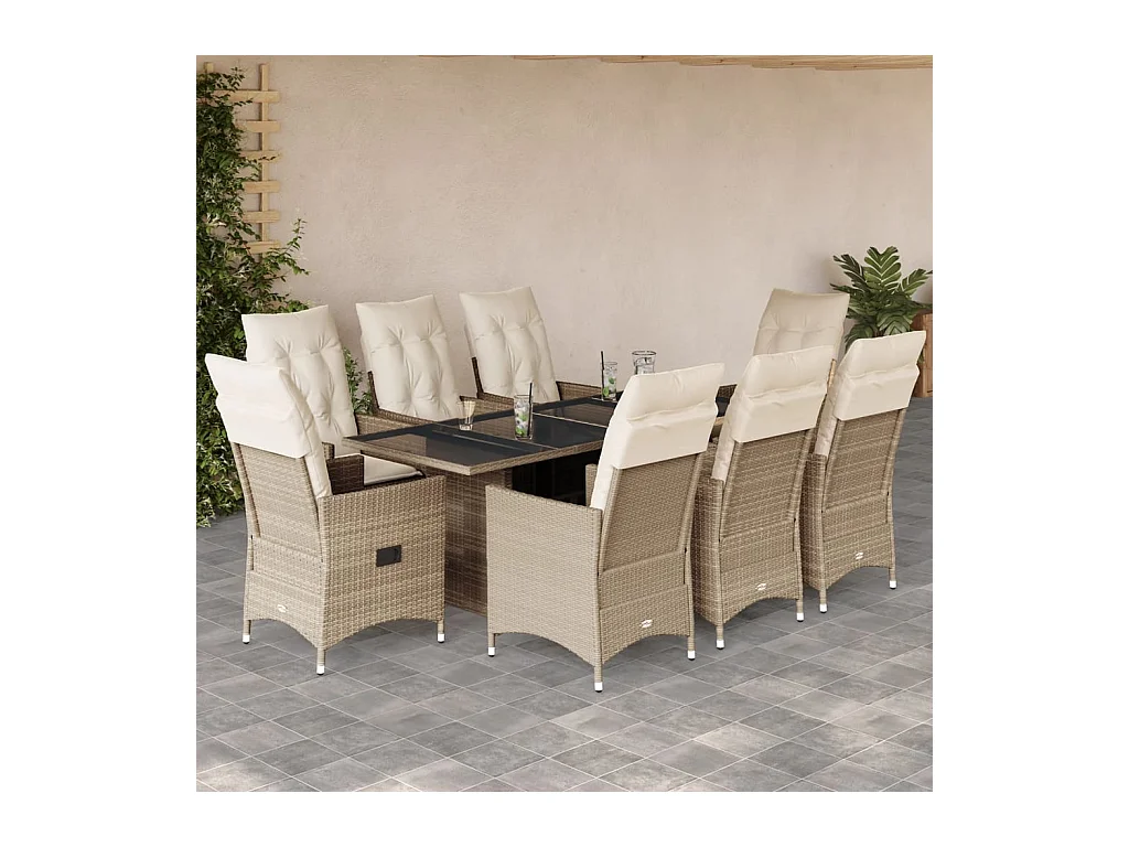 Garden Furniture -  Set comedor de jardín 9 pzas con cojines ratán sintético beige