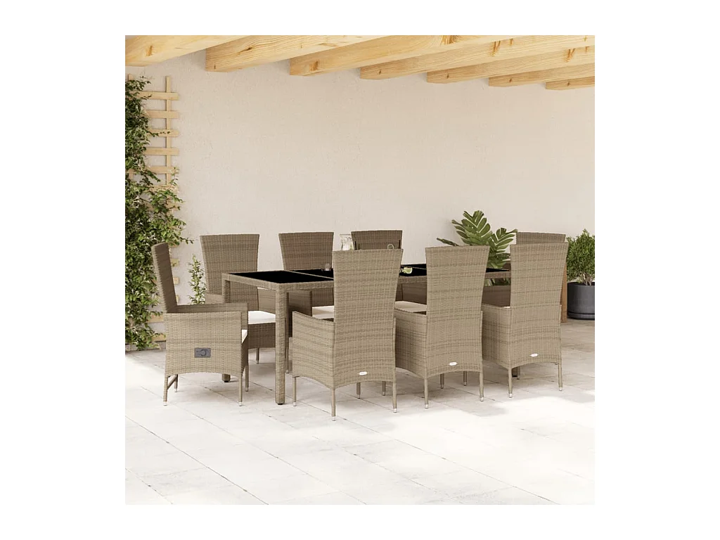 Barnesville  Ensemble à manger de jardin et coussins 9 pcs beige Poly rotin