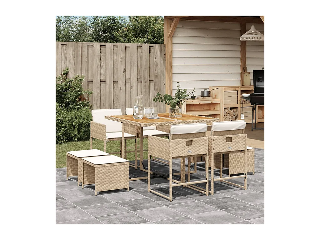 Kirkland  Ensemble à manger de jardin et coussins 9 pcs beige Poly rotin