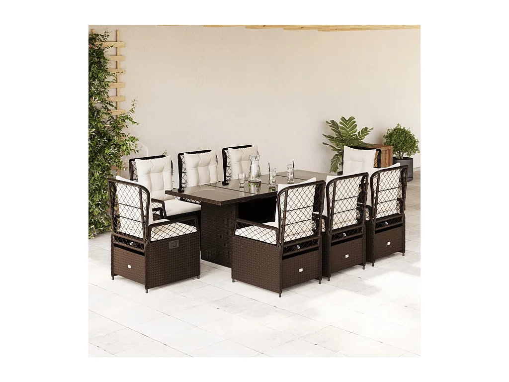 Veteli  Set comedor para jardín 9 pzas y cojines ratán sintético marrón