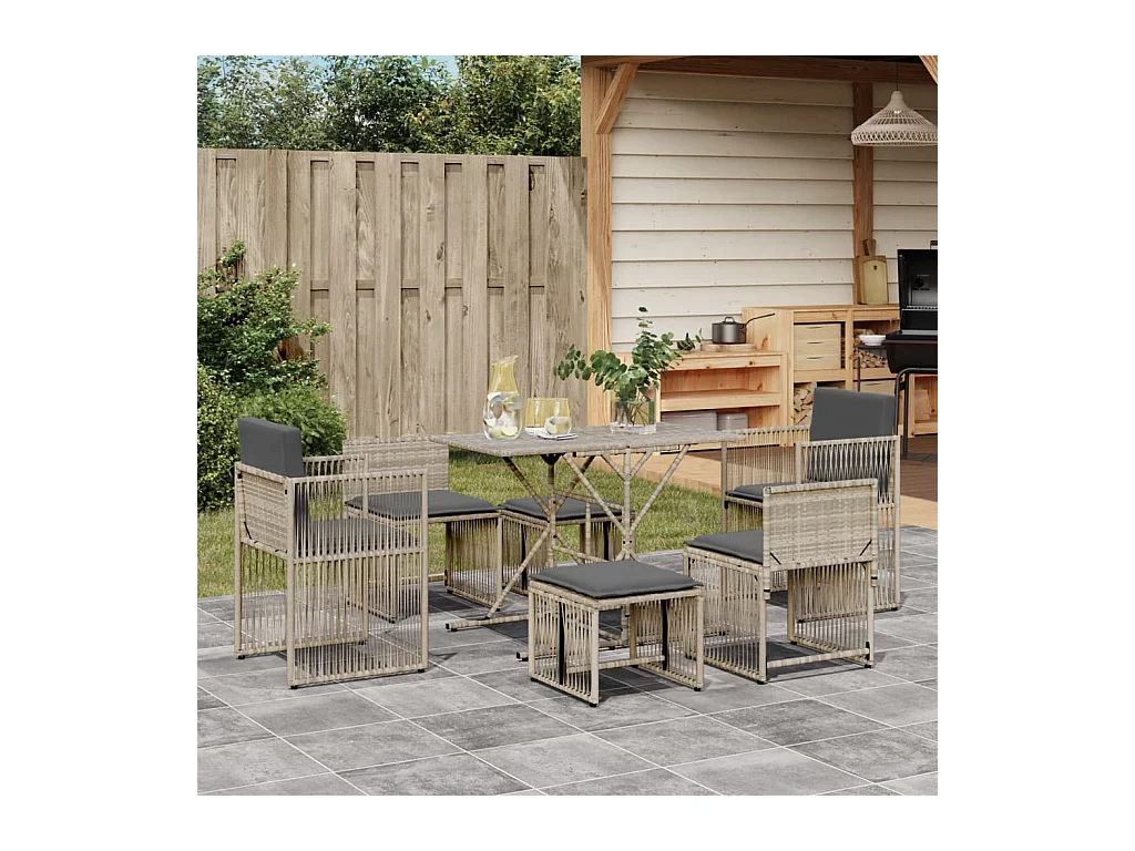 Cille  Ensemble à manger de jardin et coussins 7 pcs gris clair rotin