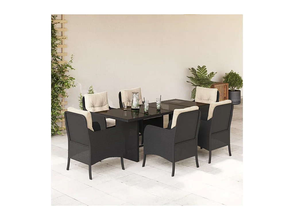 Karlyn  Ensemble à manger de jardin coussins 7pcs Noir Résine tressée