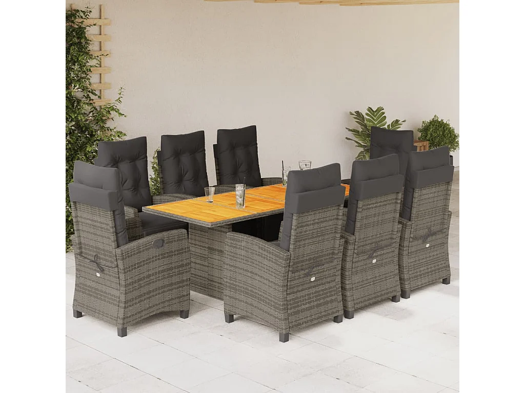 Igmar  Set comedor jardín 9 pzas y cojines ratán sintético gris