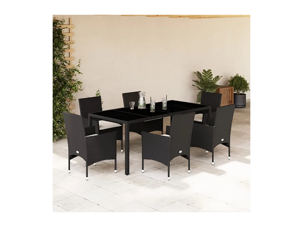 Stafford Springs  Ensemble à manger de jardin et coussins 7 pcs noir rotin acacia