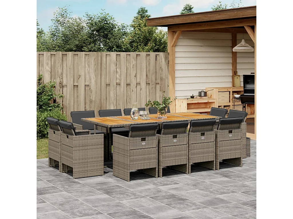 Jeroen  Ensemble à manger de jardin coussins 13 pcs gris résine tressée