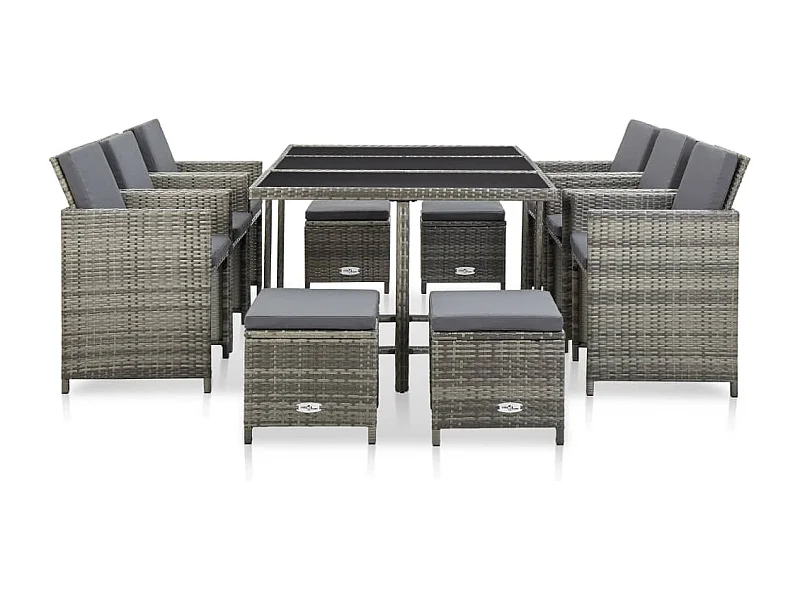 Chenoa  Ensemble à manger d’extérieur 11pcs et coussins poly rotin Gris