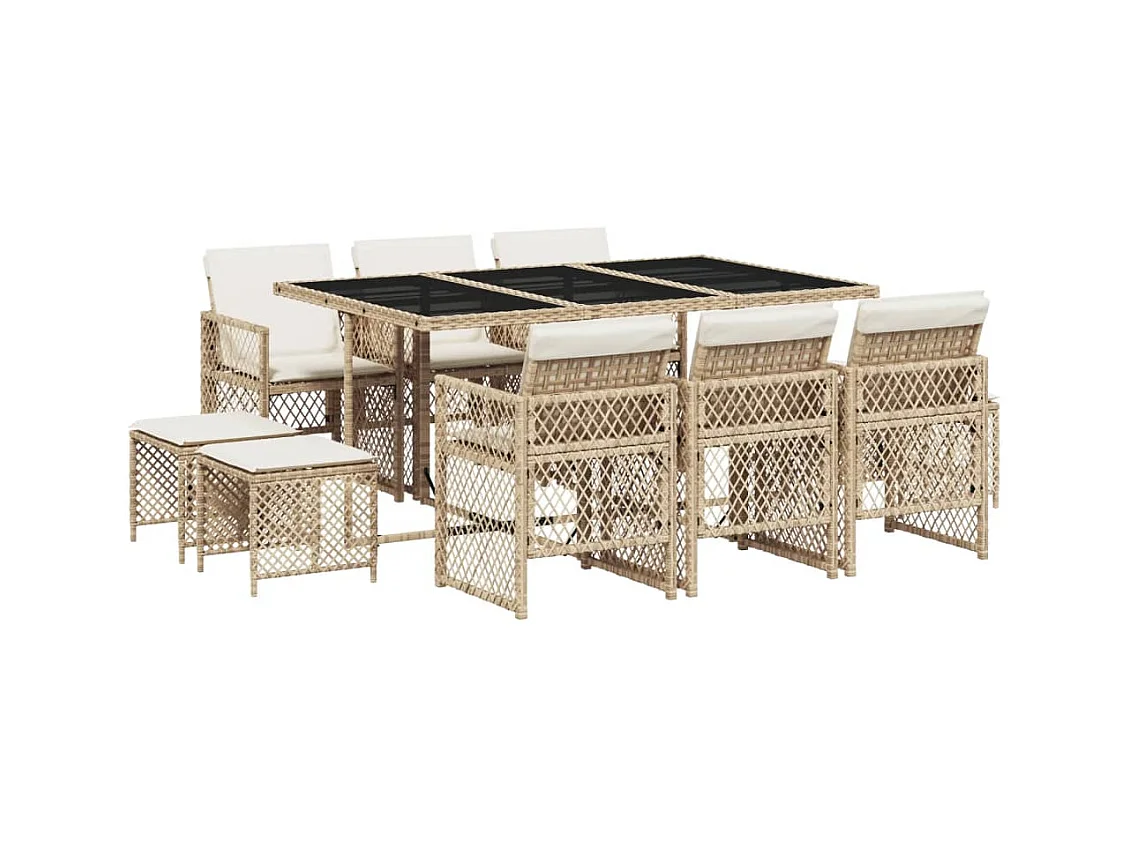 Lubbeek  Ensemble à manger de jardin et coussins 11 pcs beige poly rotin