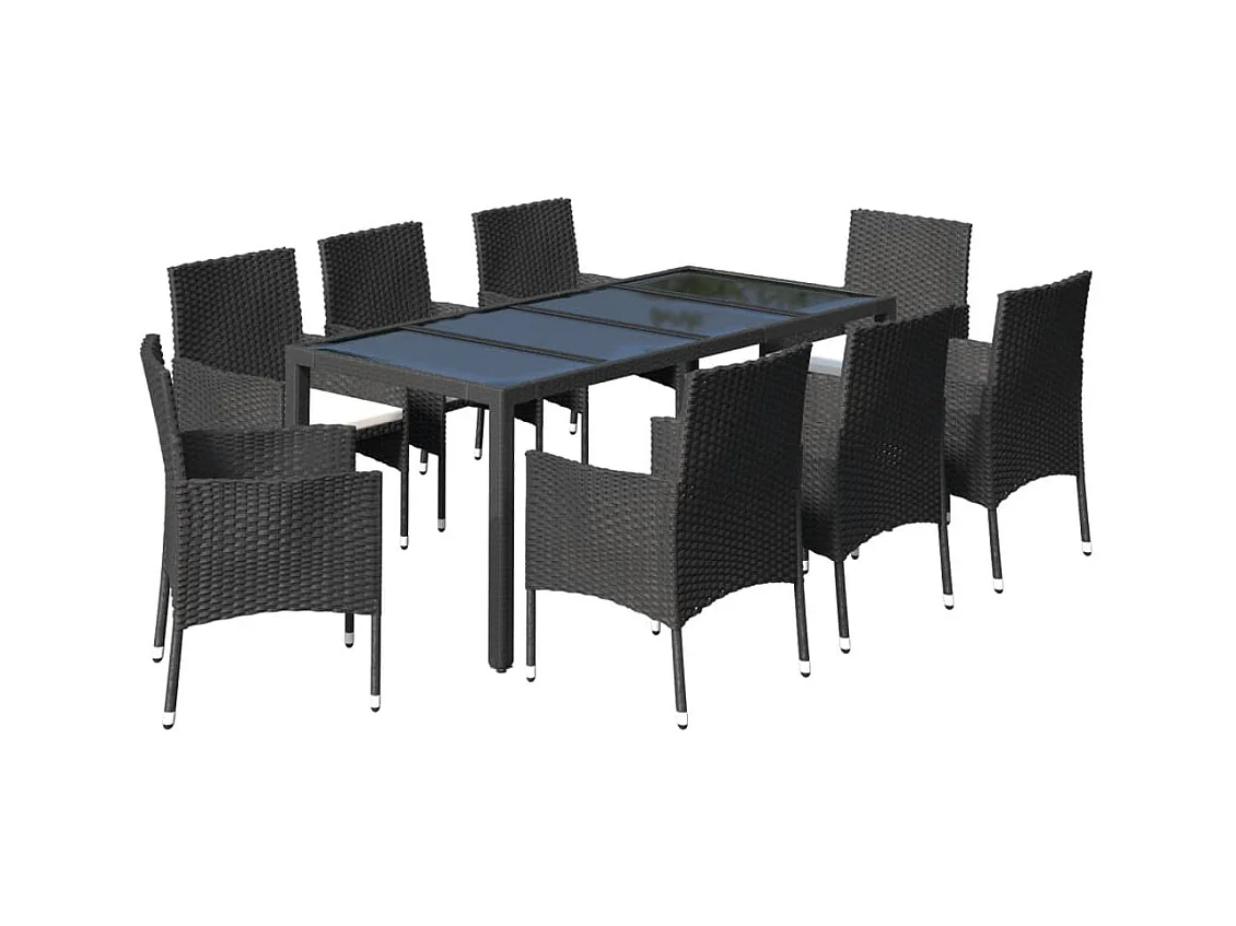 Vagnar  Set de comedor de jardín 9 pzas y cojines ratán sintético negro