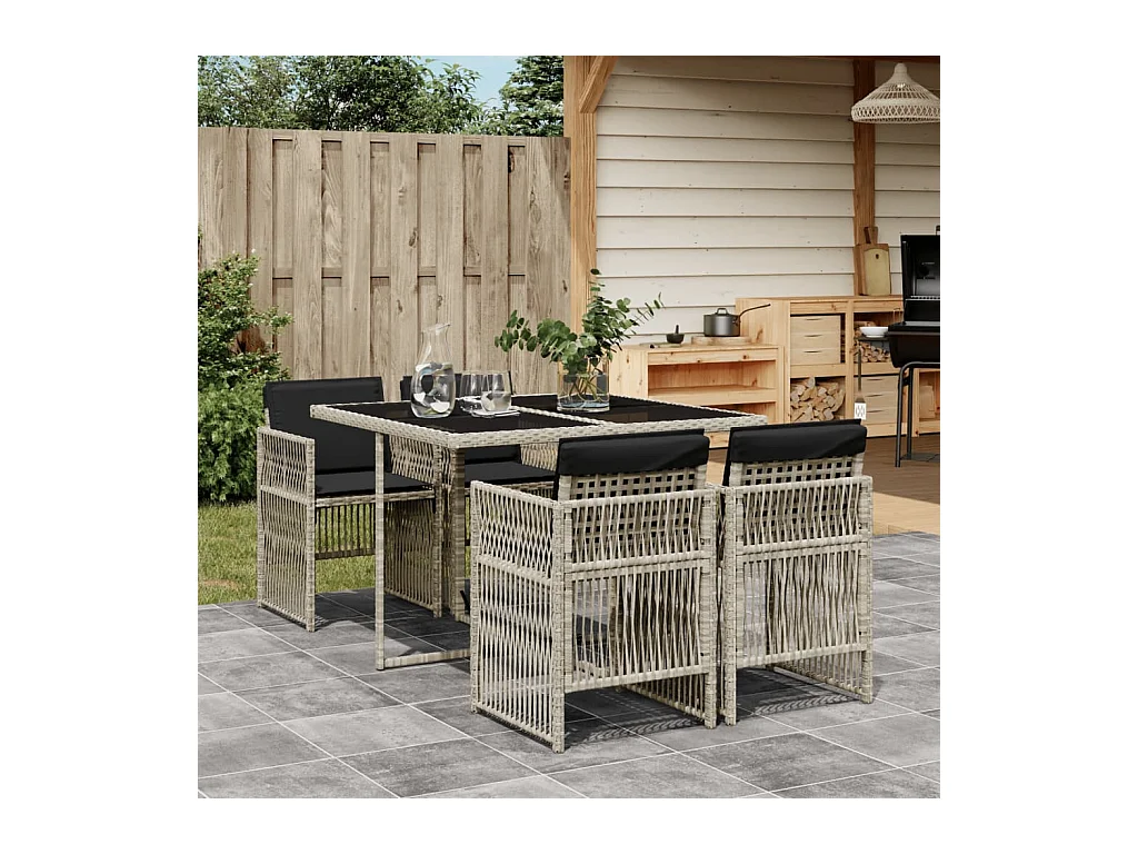 Ilo  Ensemble à manger de jardin et coussins 5 pcs gris clair rotin