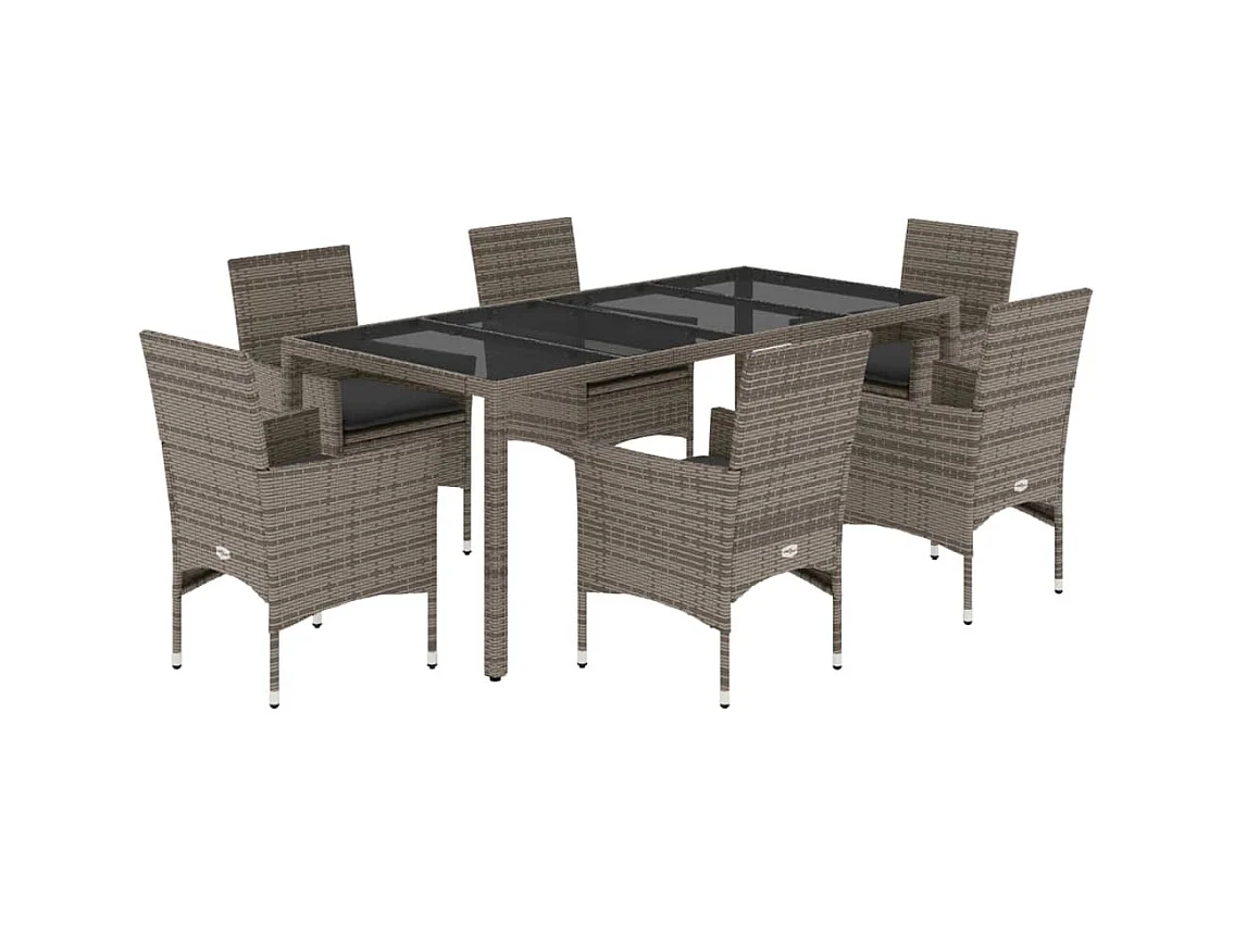 Stafford Springs  Ensemble à manger de jardin et coussins 7 pcs gris rotin verre