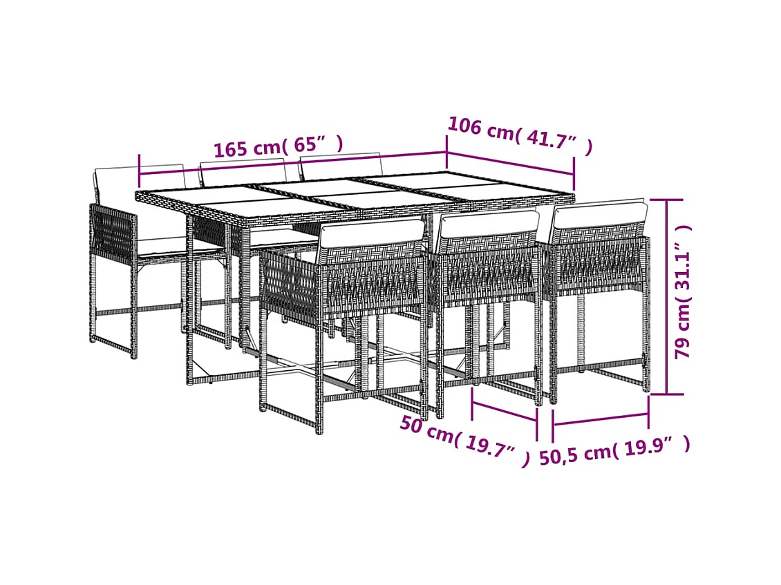 Sharif  Set comedor de jardín 7 pzas con cojines ratán sintético marrón