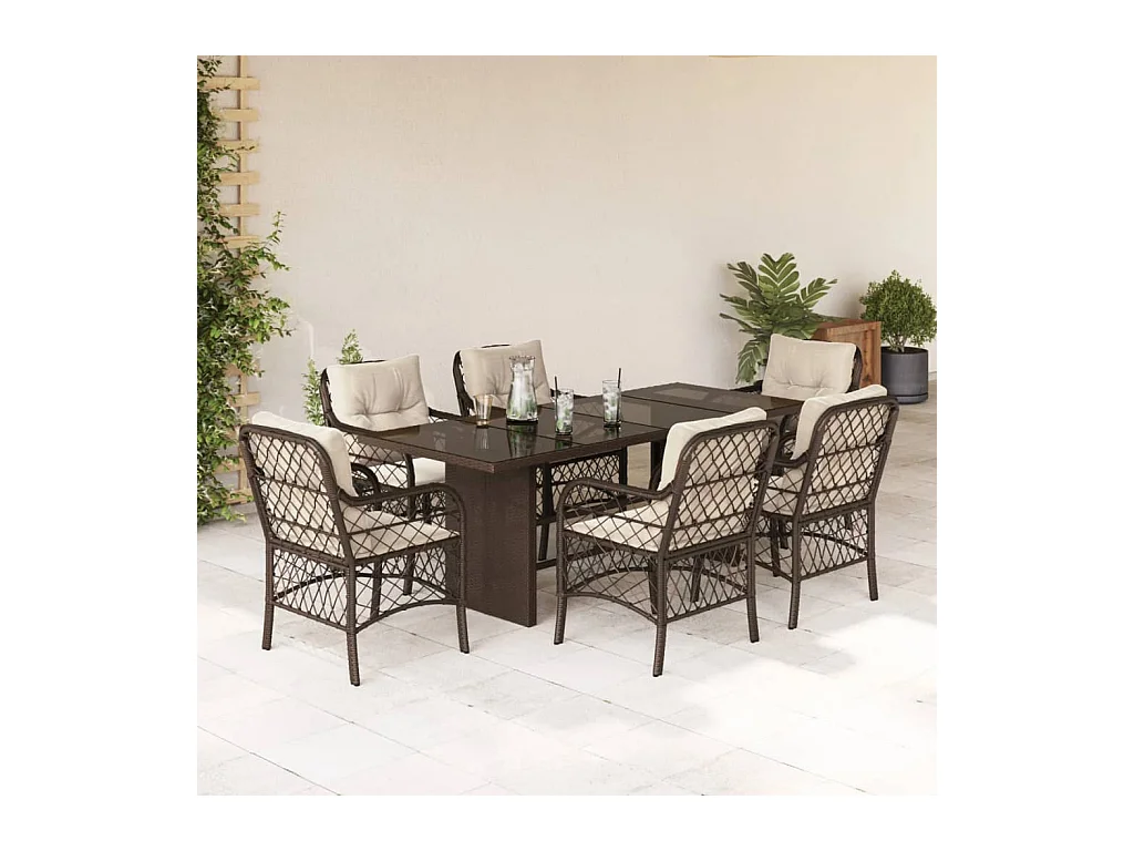 Fort Bragg  Set comedor de jardín 7 pzas con cojines ratán sintético marrón