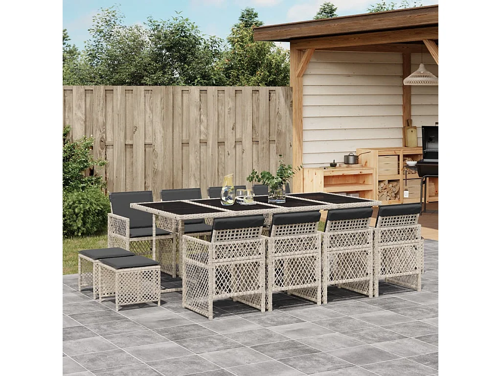 Lubbeek  Set comedor jardín y cojines 13 pzas ratán sintético gris claro