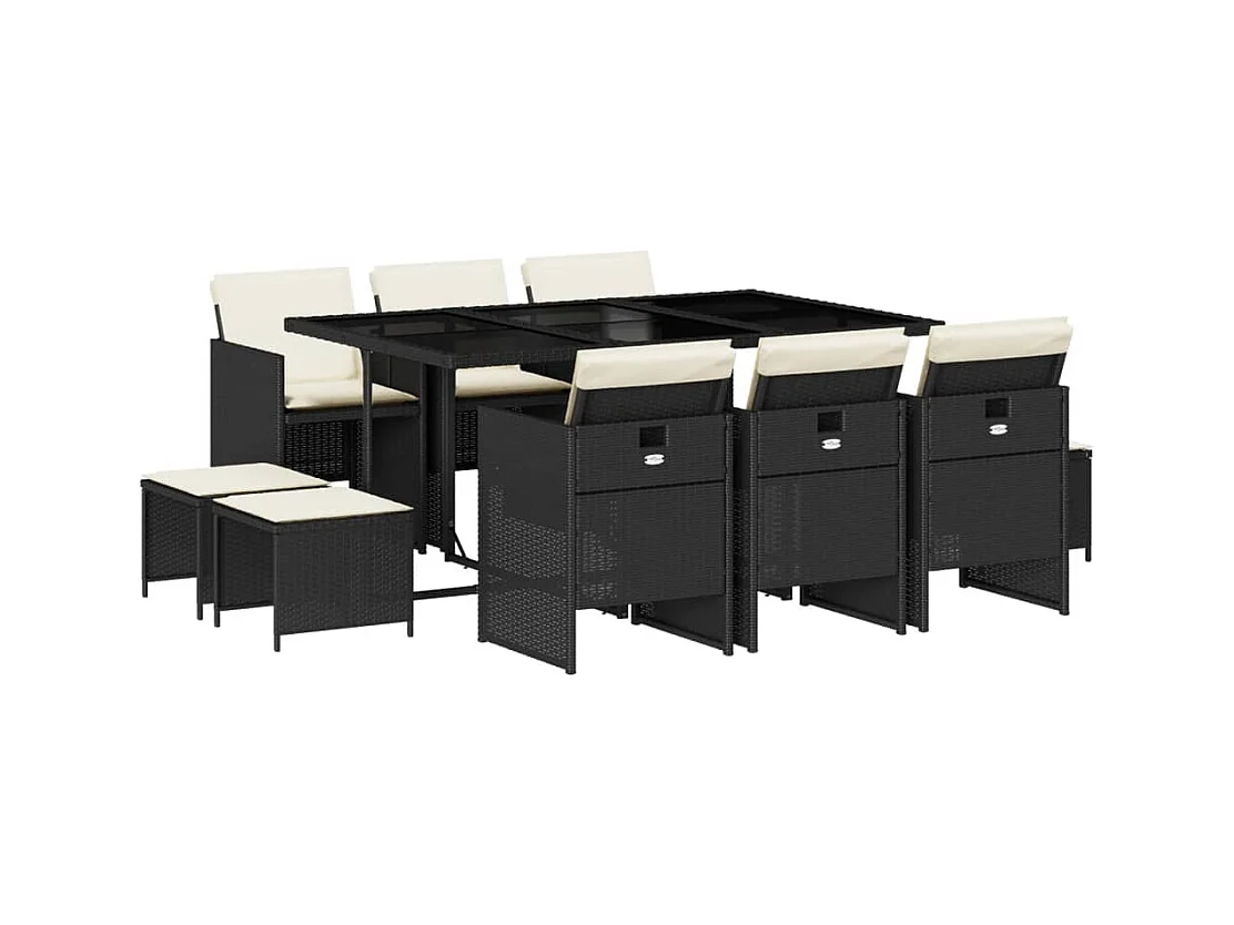 Steno  Set de comedor jardín 11 pzas con cojines ratán sintético negro