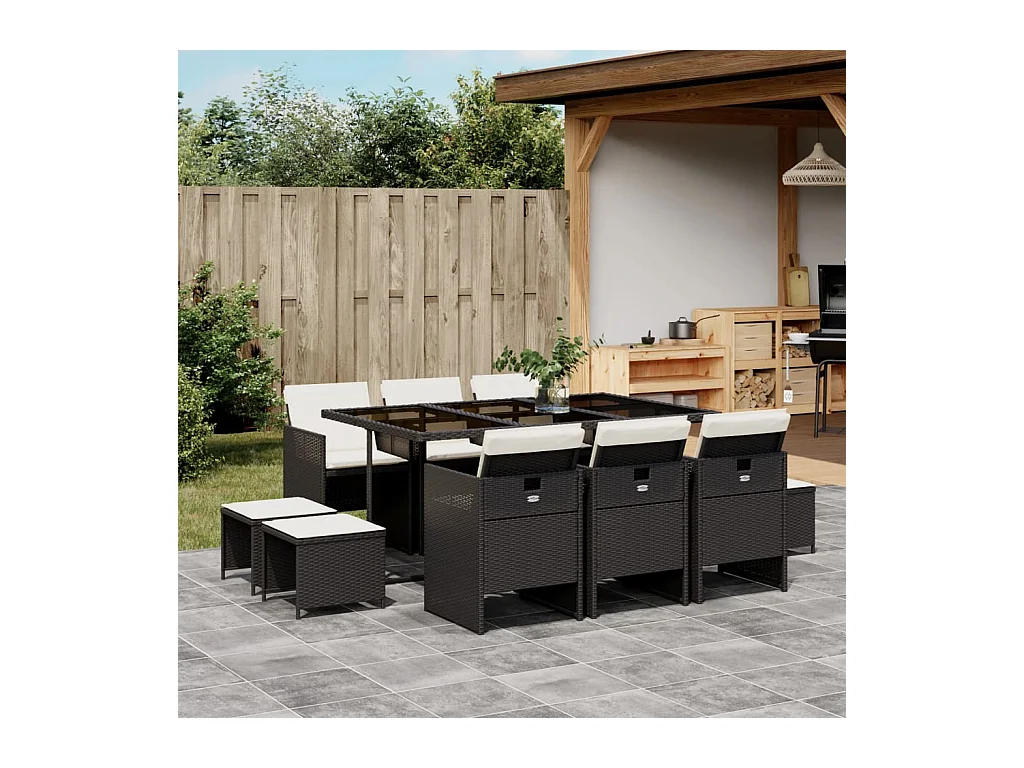 Steno  Set de comedor jardín 11 pzas con cojines ratán sintético negro