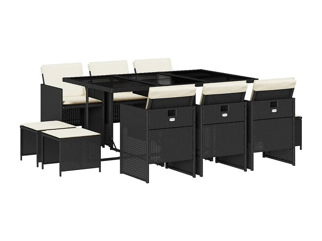 Steno  Set de comedor jardín 11 pzas con cojines ratán sintético negro
