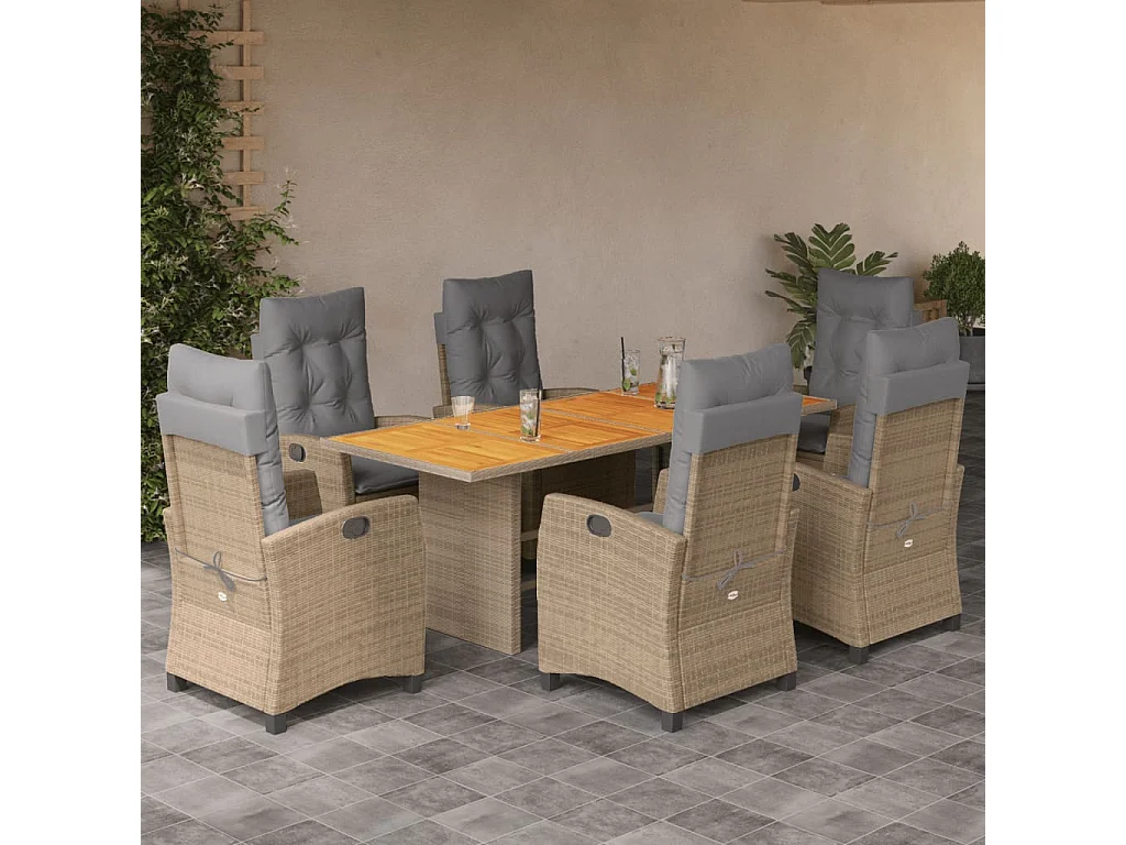 Frances  Set comedor de jardín 7 pzas con cojines ratán sintético beige