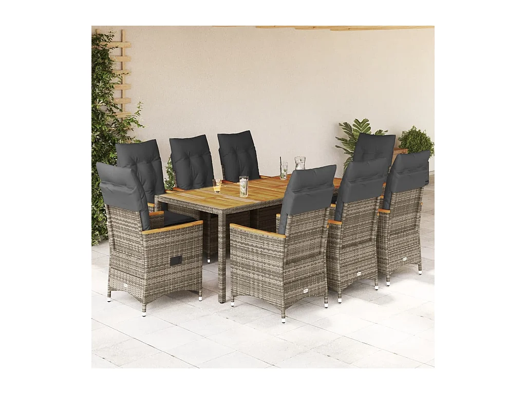 Staunton  Ensemble à manger de jardin 9 pcs coussins gris résine tressée