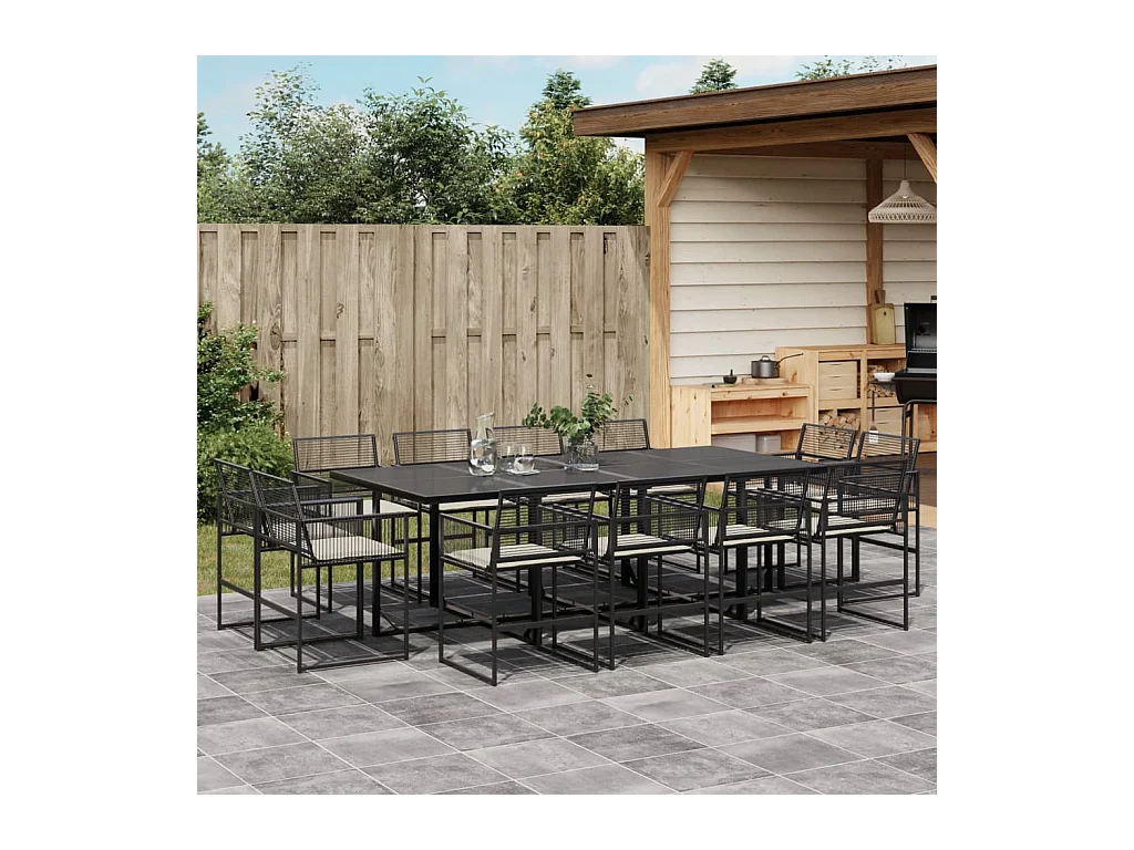 Van Nuys  Ensemble à manger de jardin 13 pcs coussins noir résine tressée