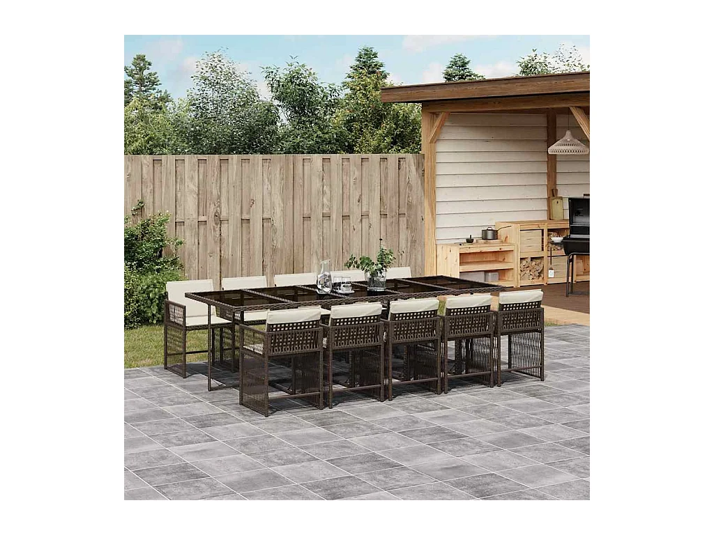 Jeffersontown  Ensemble à manger de jardin et coussins 11 pcs marron rotin