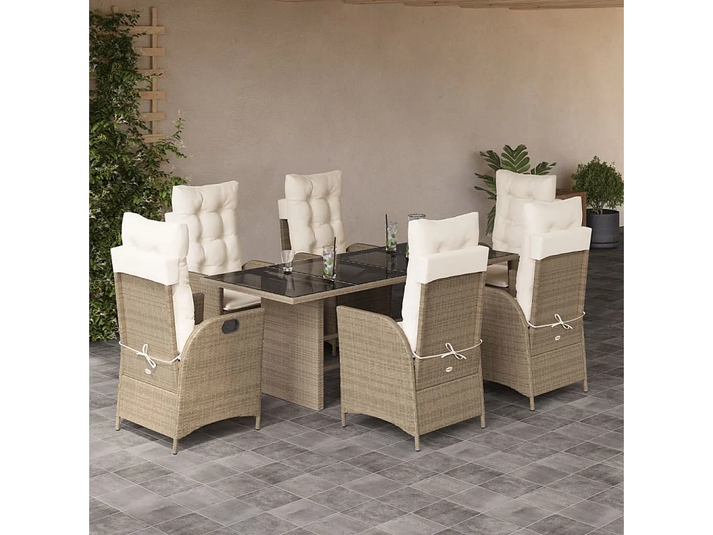 Emory  7-delige Tuinset met kussens poly rattan beige