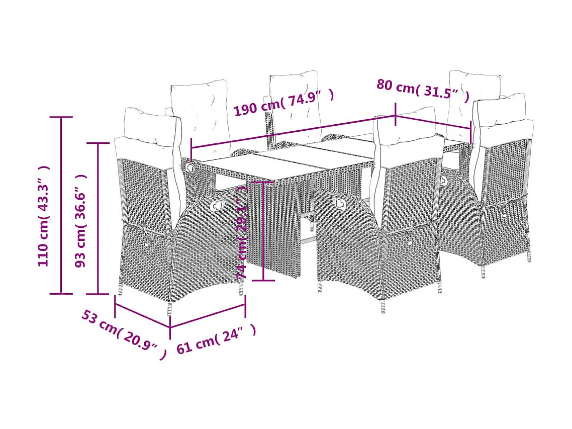 Emory  7-delige Tuinset met kussens poly rattan beige