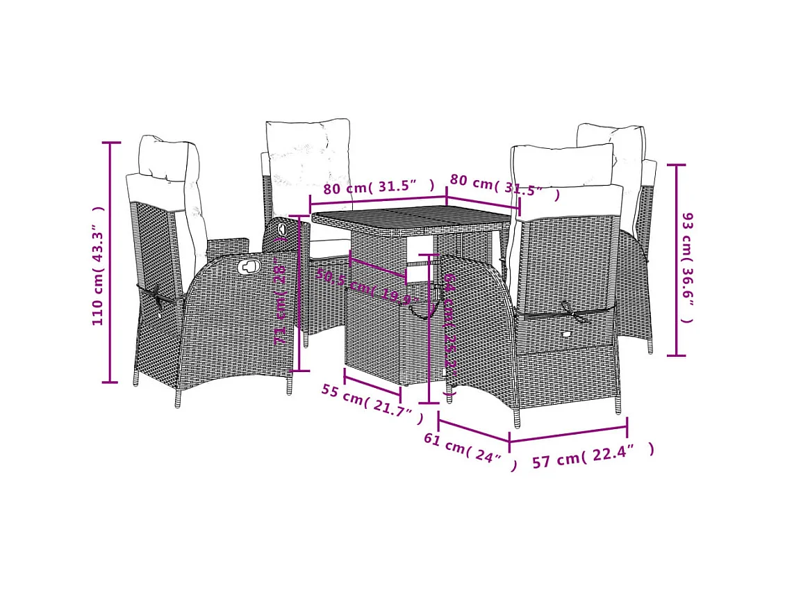 Sandviken  Ensemble à manger de jardin coussins 5pcs Noir Résine tressée