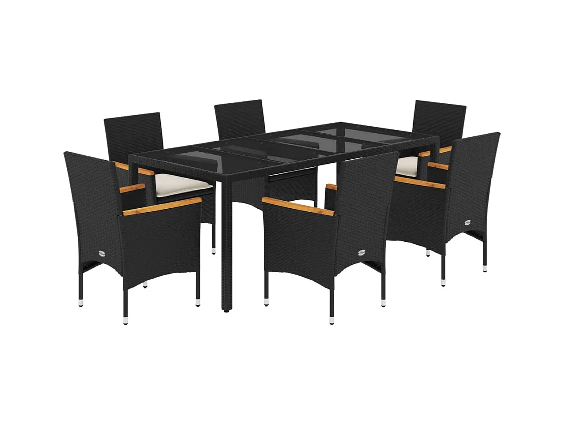Bakersfield  Ensemble à manger de jardin et coussins 7 pcs noir rotin acacia