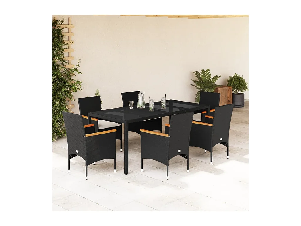 Bakersfield  Ensemble à manger de jardin et coussins 7 pcs noir rotin acacia