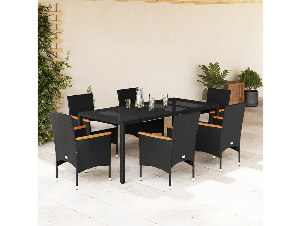 Bakersfield  Ensemble à manger de jardin et coussins 7 pcs noir rotin acacia