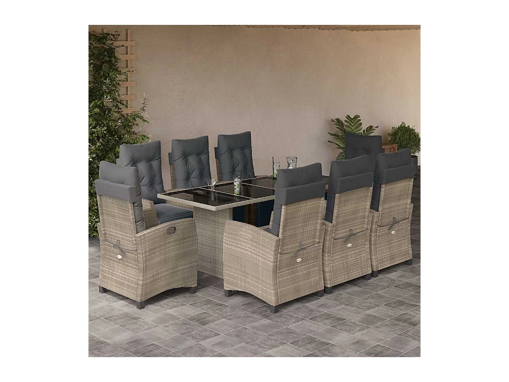 Igmar  Ensemble à manger de jardin et coussins 9 pcs gris clair rotin