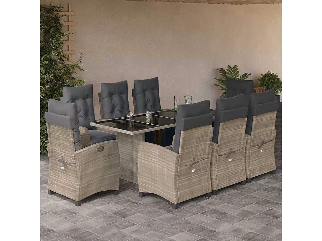 Igmar  Ensemble à manger de jardin et coussins 9 pcs gris clair rotin