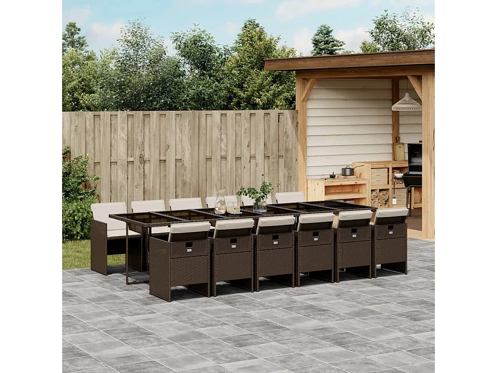 Ljungby  Ensemble à manger de jardin avec coussins 13 pcs marron rotin