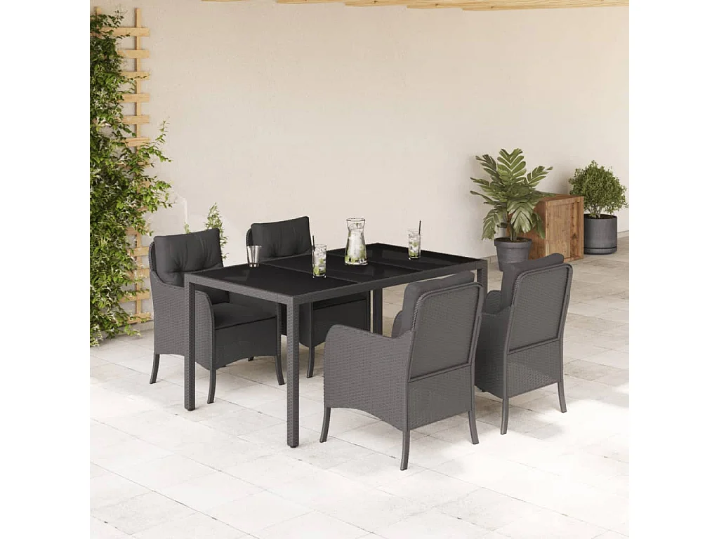 Marco Gianluca  Ensemble à manger de jardin coussins 5pcs Noir Résine tressée