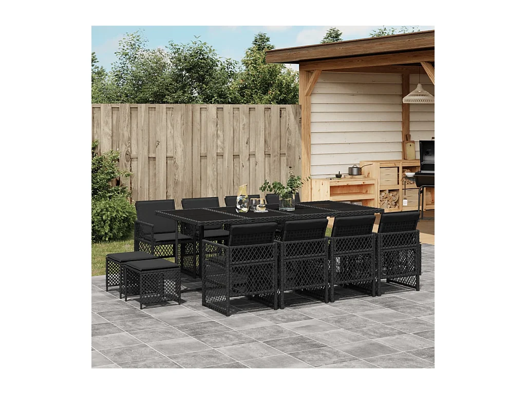 Lubbeek  Ensemble à manger de jardin 13 pcs coussins noir résine tressée