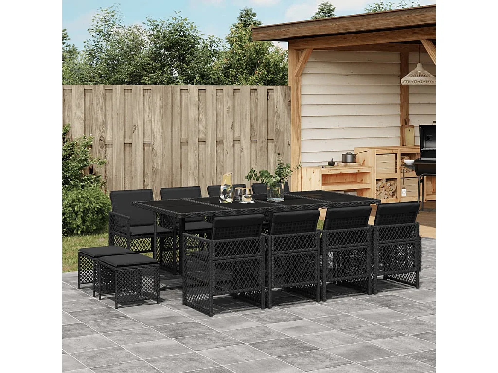 Lubbeek  Ensemble à manger de jardin 13 pcs coussins noir résine tressée