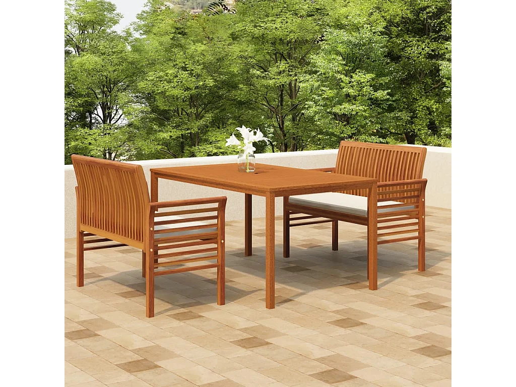 Bourges  Ensemble à manger d'extérieur 3 pcs et coussins Acacia solide