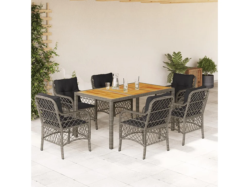 Tore  Set comedor jardín 7 pzas y cojines ratán sintético gris