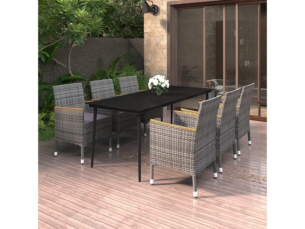 Garden Furniture -  Ensemble à manger de jardin coussins 7 pcs Résine tressée Verre