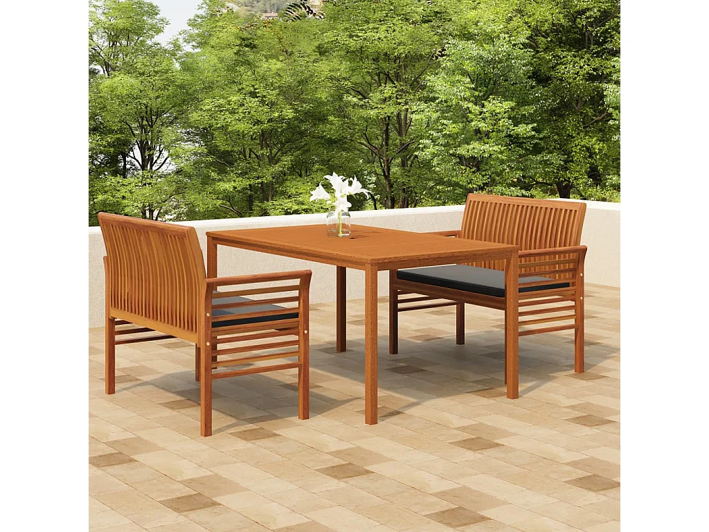 Bourges  Ensemble à manger d'extérieur 3 pcs et coussins Acacia solide