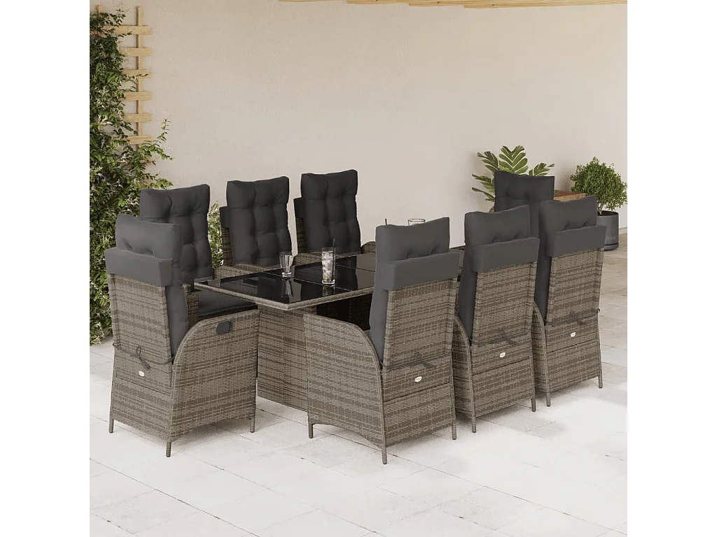 Emory  Set comedor jardín 9 pzas y cojines ratán sintético gris