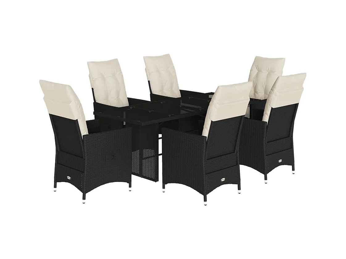Garden Furniture -  Set de comedor de jardín 7 pzas y cojines ratán sintético negro