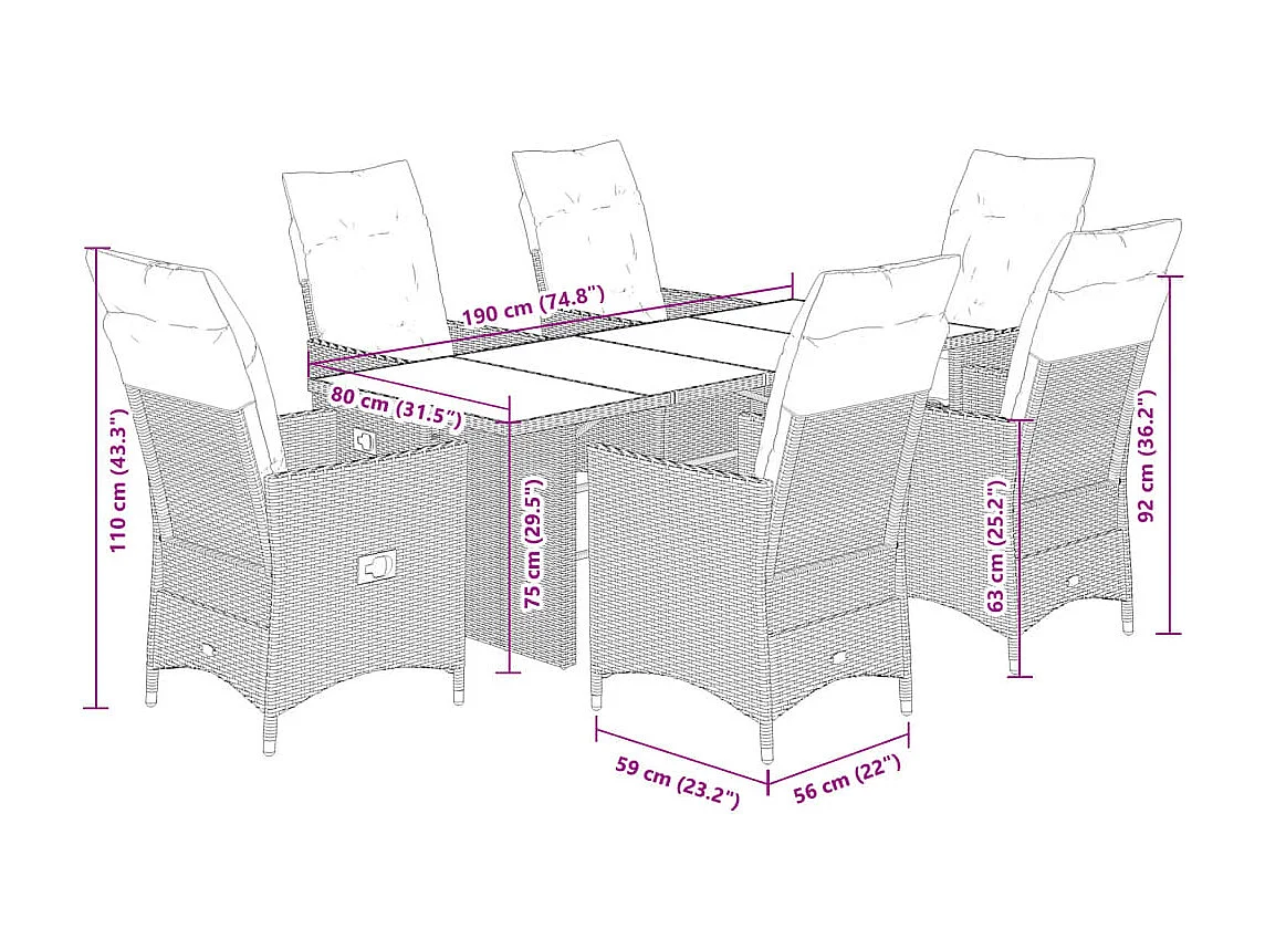 Garden Furniture -  Ensemble à manger de jardin coussins 7 pcs noir résine tressée