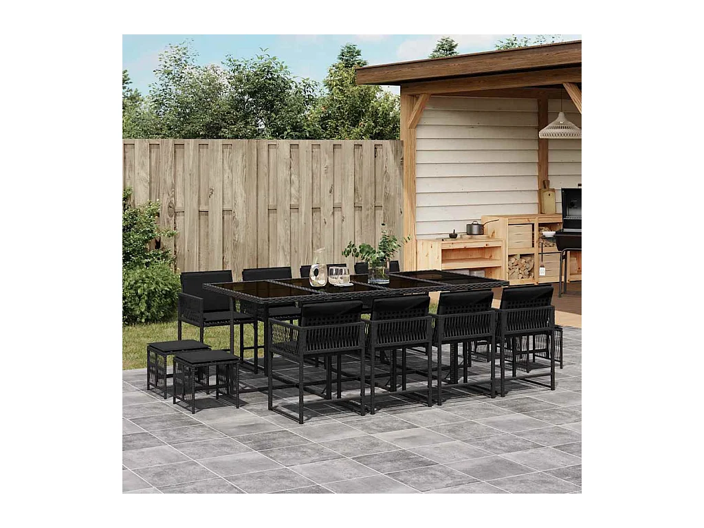 Xeli  Set comedor de jardín con cojines 13 pzas ratán sintético negro